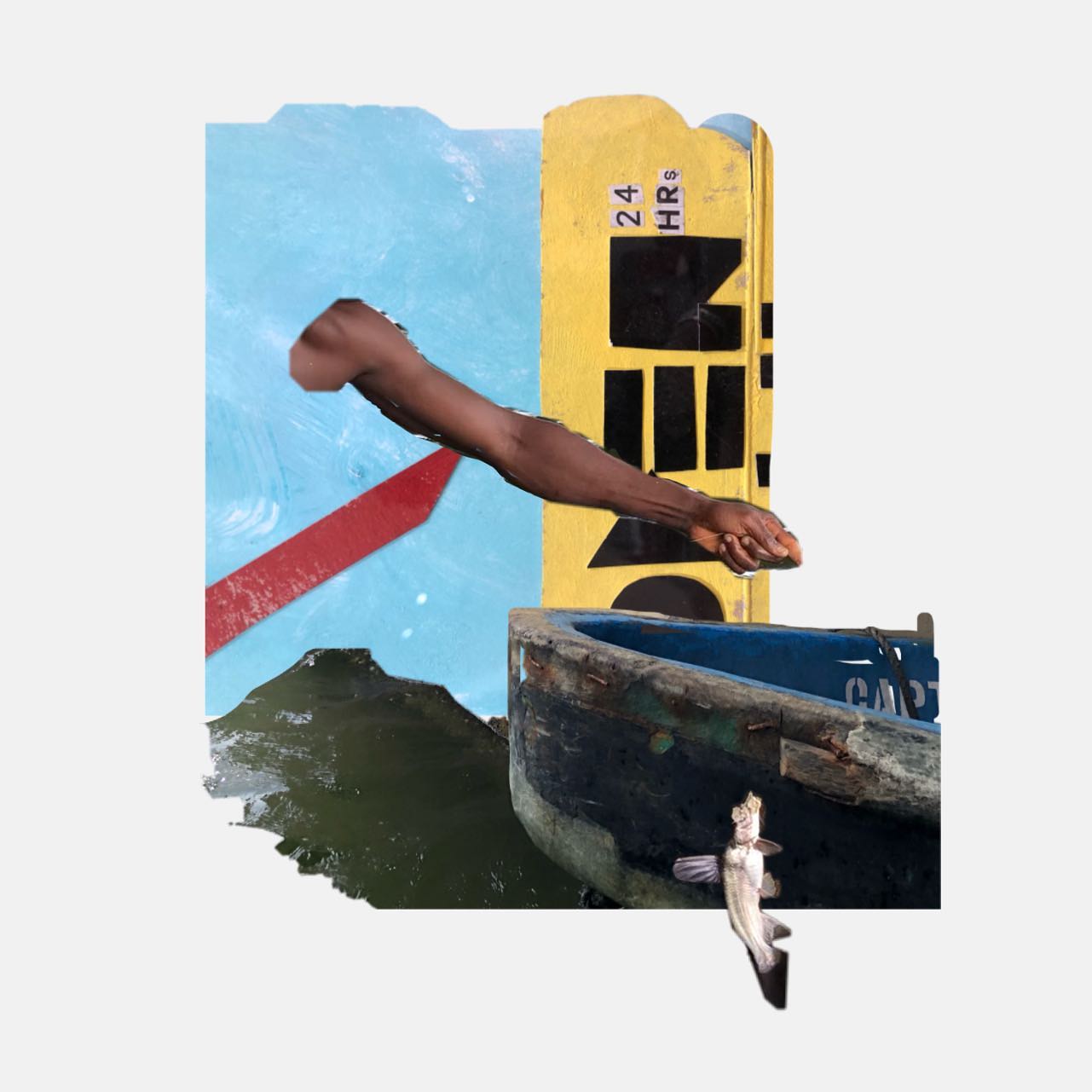 Collage of a lagoon boat, an outstretched arm and a leaping fish, Manifesto Seeds visual output
