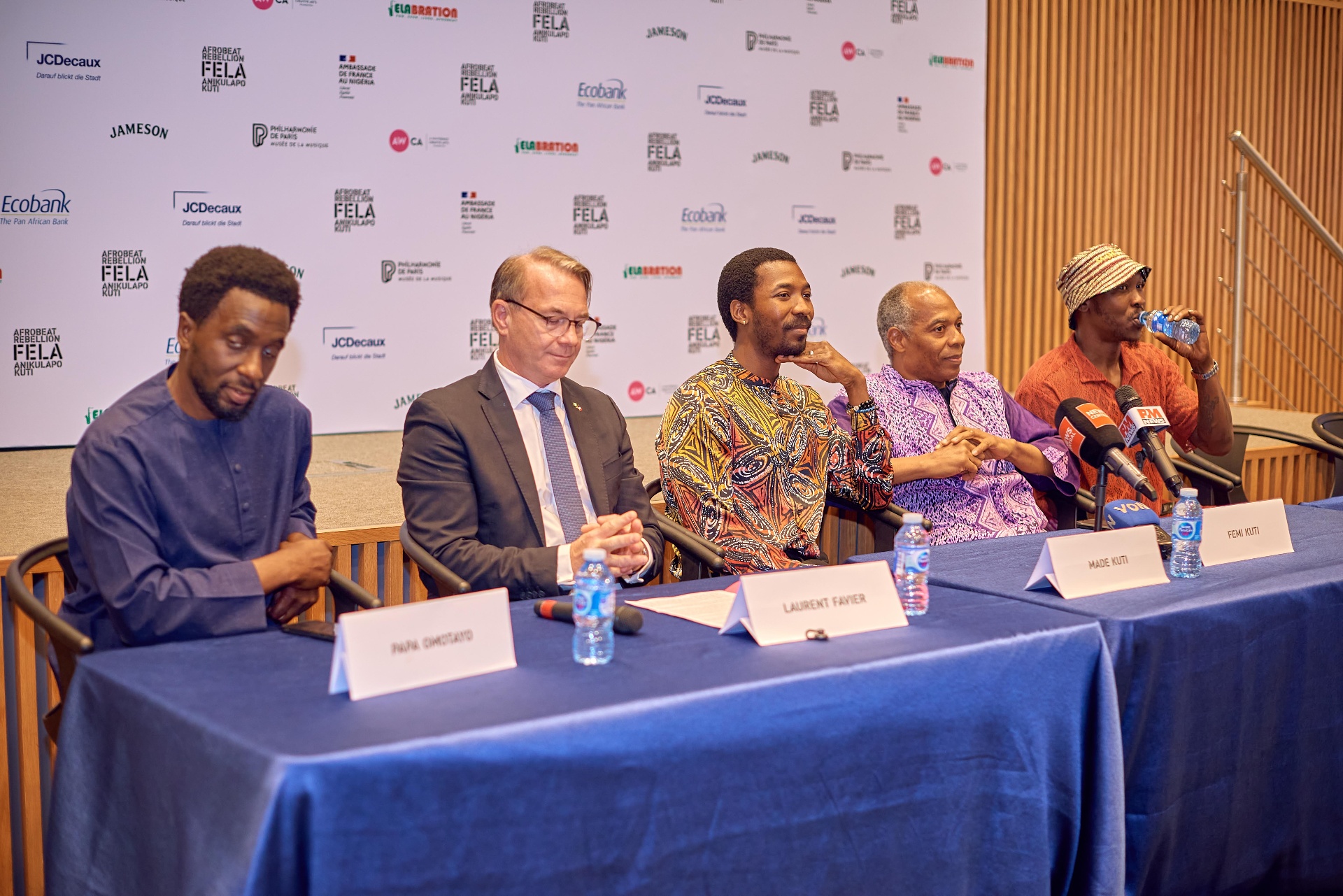 Press conference for Afrobeat Rebellion featuring Papa Omotayo, Laurent Favier, Made Kuti and Femi Kuti