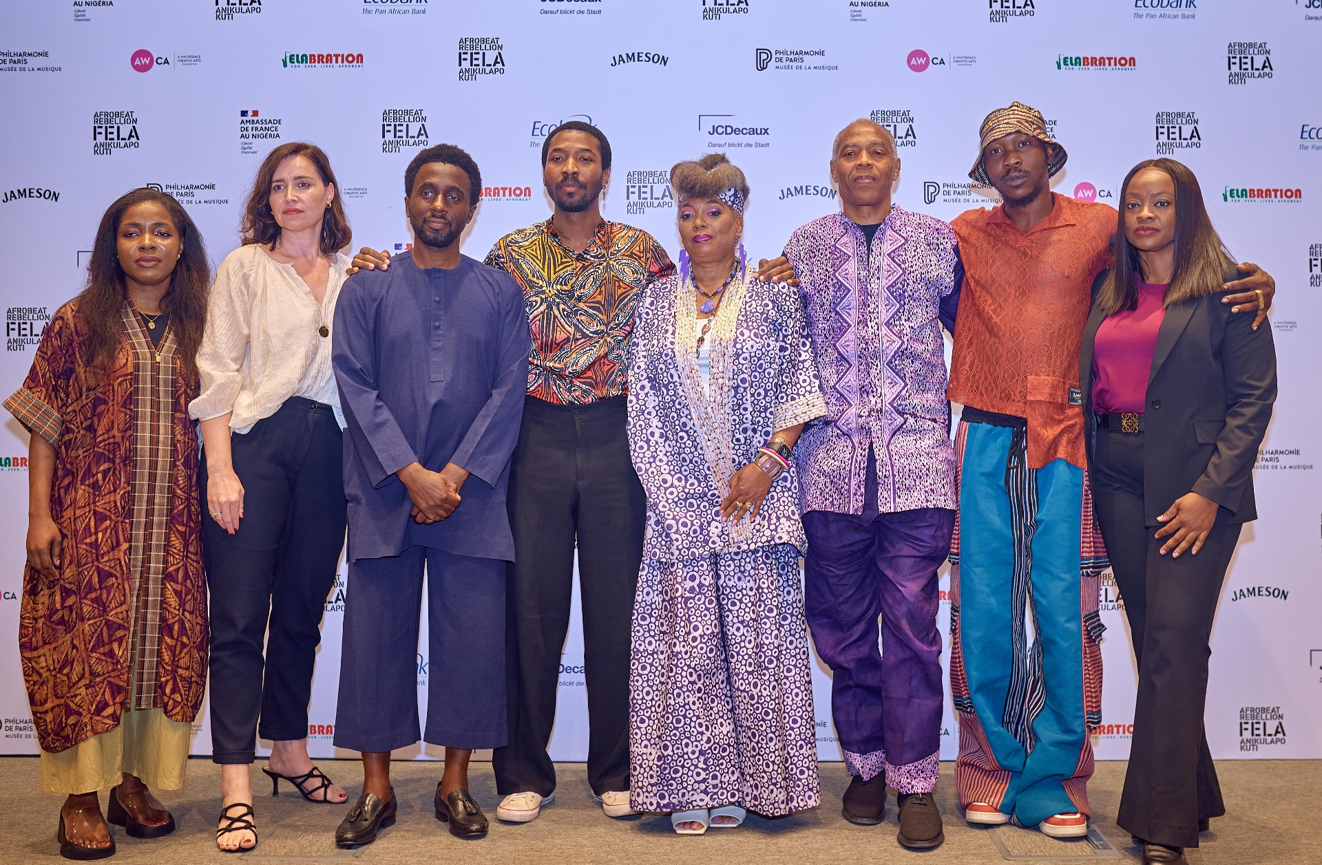 Group portrait of Afrobeat Rebellion artists and curators including Femi Kuti and Yeni Kuti